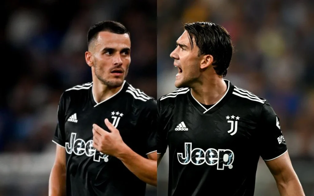 Kostic e Vlahovic con la maglia nera della Juventus